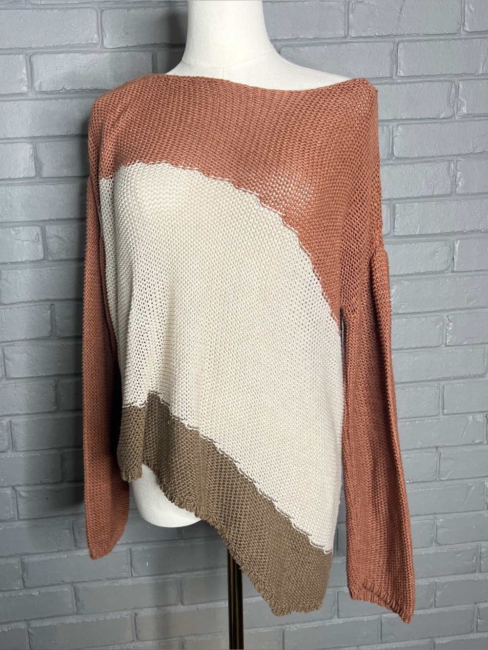 Hem & Thread Colorblock Asymmetrical Diagonal Knit Sweater - Rust, Cream & Taupe